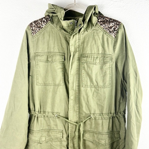 ELLOS |🪖💛Army Green Hooded Gold Sparkly Shoulders Long Trench Coat - Picture 3 of 12